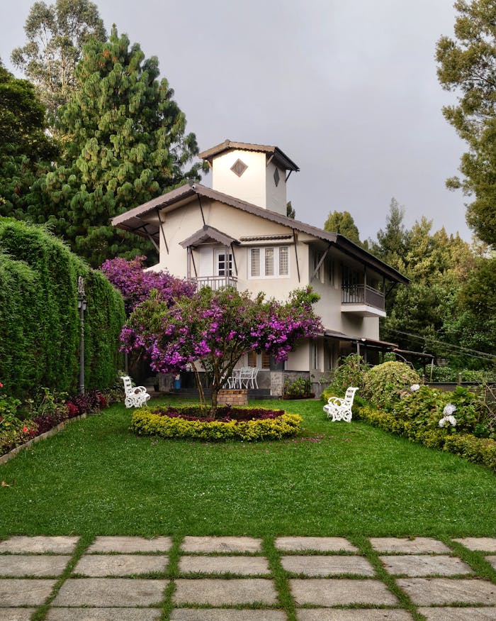 A picturesque house and vibrant garden in Ooty, Tamil Nadu, perfect for homestay aesthetics.